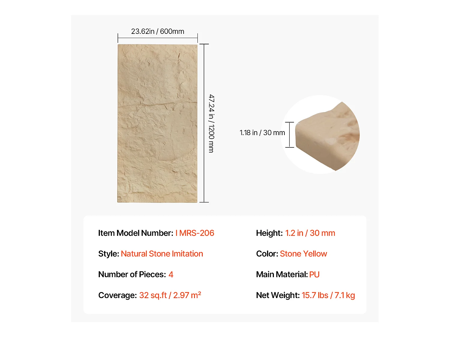 Panneaux Muraux 3D SucceBuy, Lot de 4, 122 x 61 cm, Aspect Pierre, Couverture de 3 m², Jaune Pierre