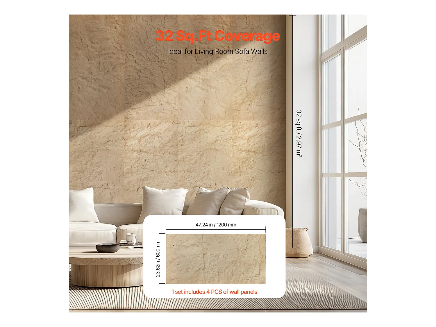 Panneaux Muraux 3D SucceBuy, Lot de 4, 122 x 61 cm, Aspect Pierre, Couverture de 3 m², Jaune Pierre