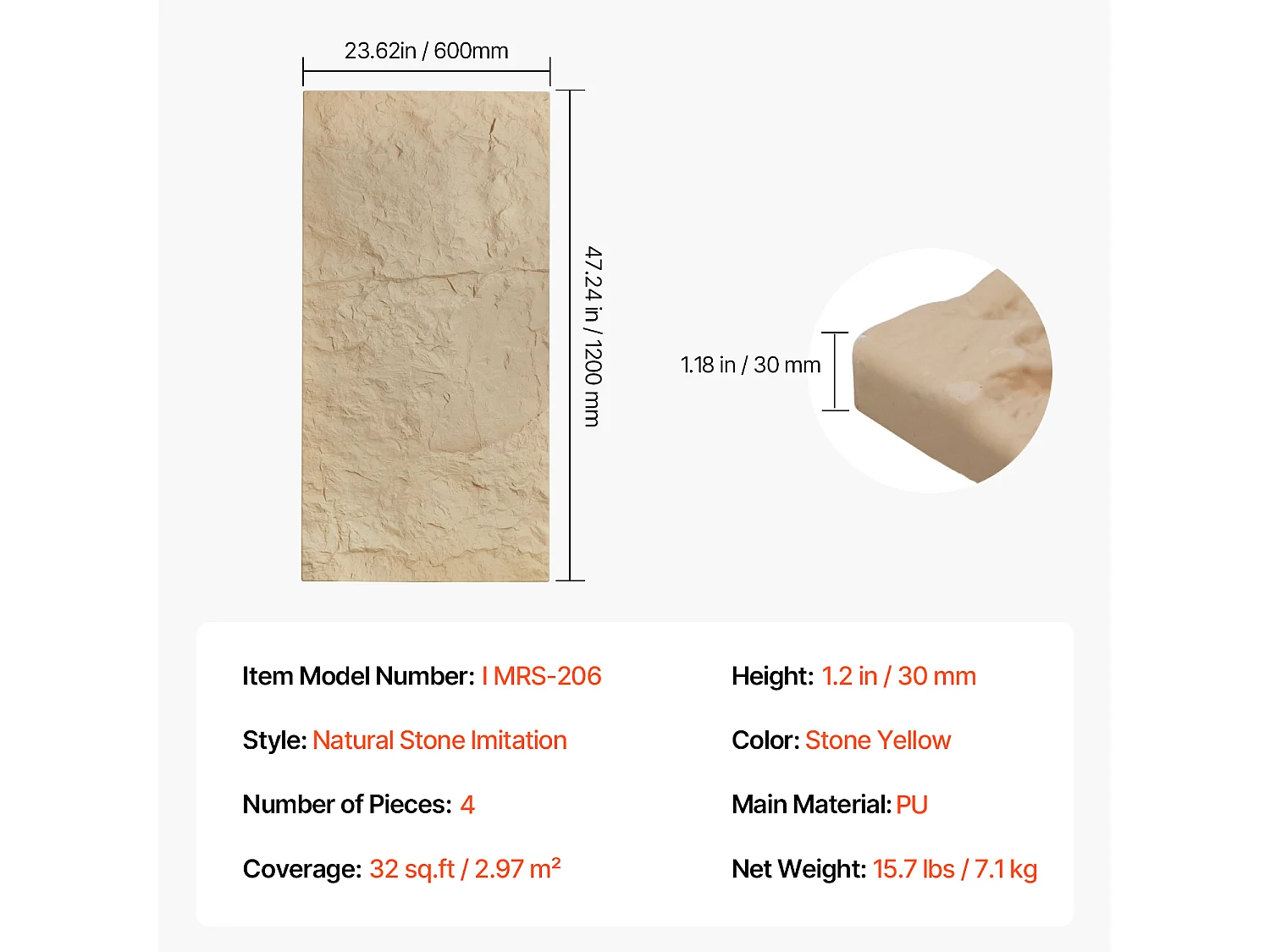 Panneaux Muraux 3D SucceBuy, Lot de 4, 122 x 61 cm, Aspect Pierre, Couverture de 3 m², Jaune Pierre