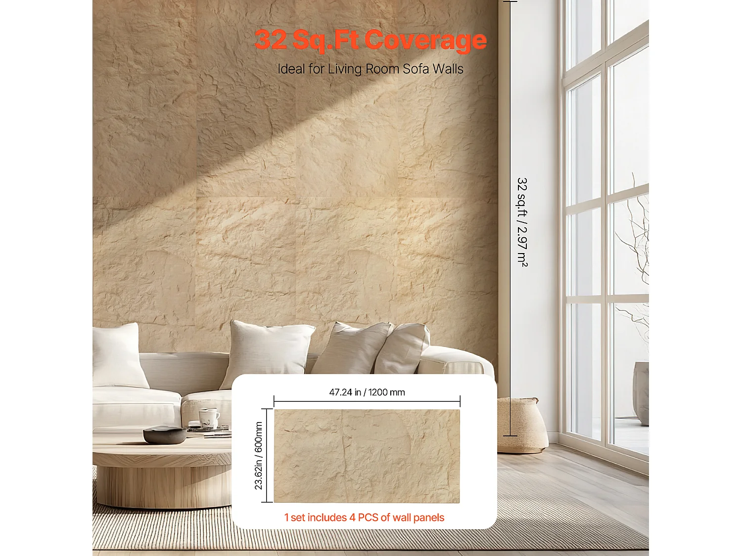 Panneaux Muraux 3D SucceBuy, Lot de 4, 122 x 61 cm, Aspect Pierre, Couverture de 3 m², Jaune Pierre