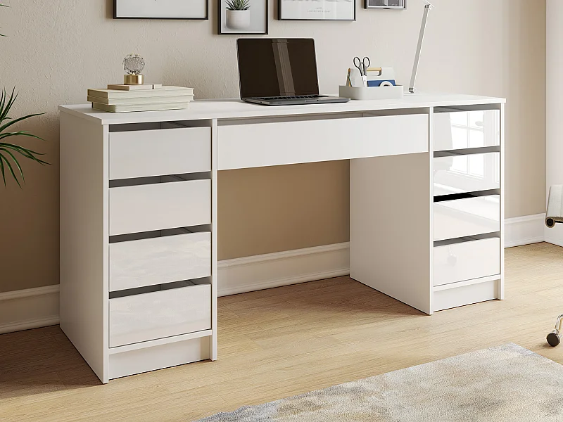 Bureau avec 9 tiroirs – Blanc Brillant - JENEMI