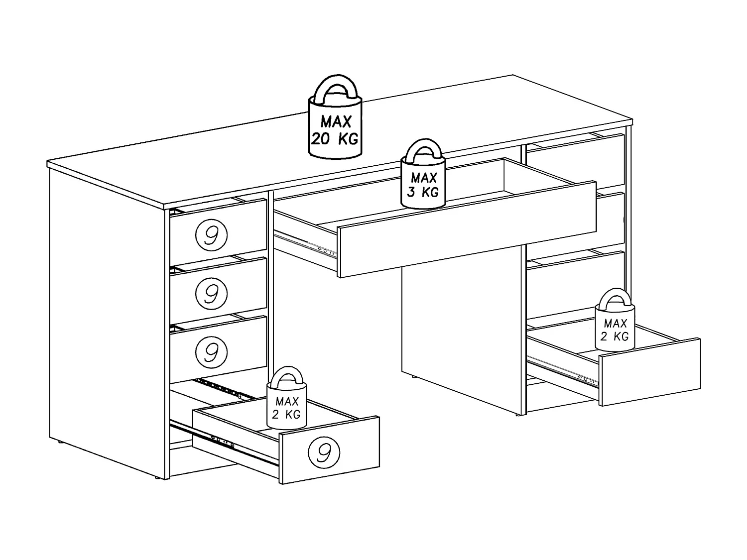Bureau avec 9 tiroirs – Blanc Brillant - JENEMI