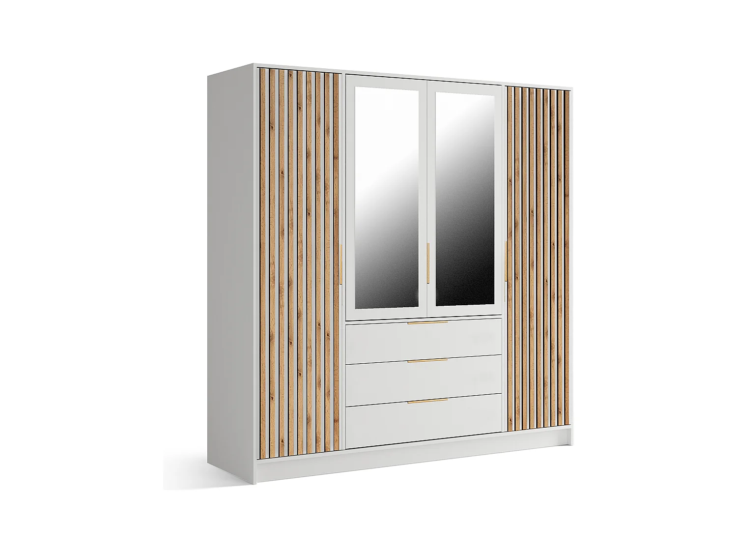 Armoire 4 portes et 3 tiroirs – Avec miroir - L196 cm – Coloris : Naturel et Blanc - LIRMADA