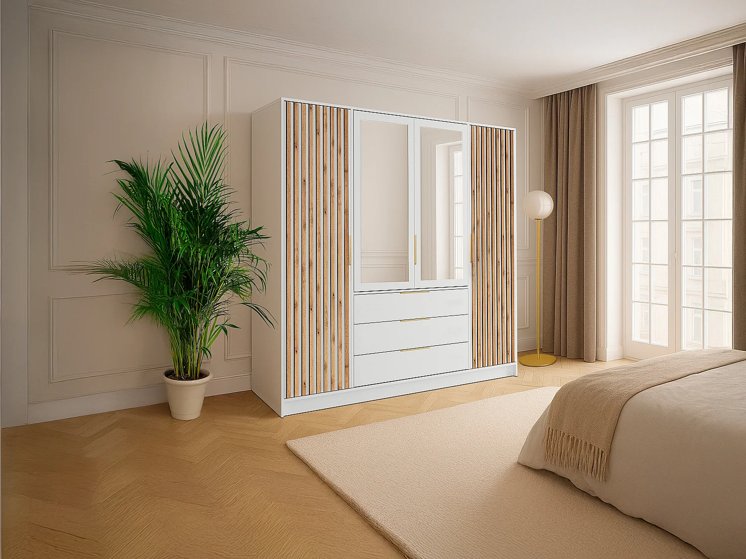 Armadio 4 ante e 3 cassetti – Con specchio - L196 cm Naturale e Bianco - LIRMADA