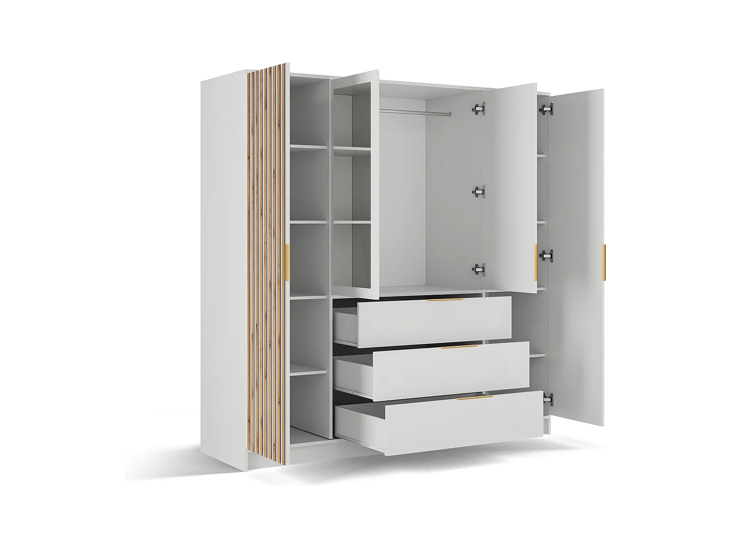 Armario 4 puertas y 3 cajones – Con espejo - An196 cm – Color: Natural y Blanco - LIRMADA