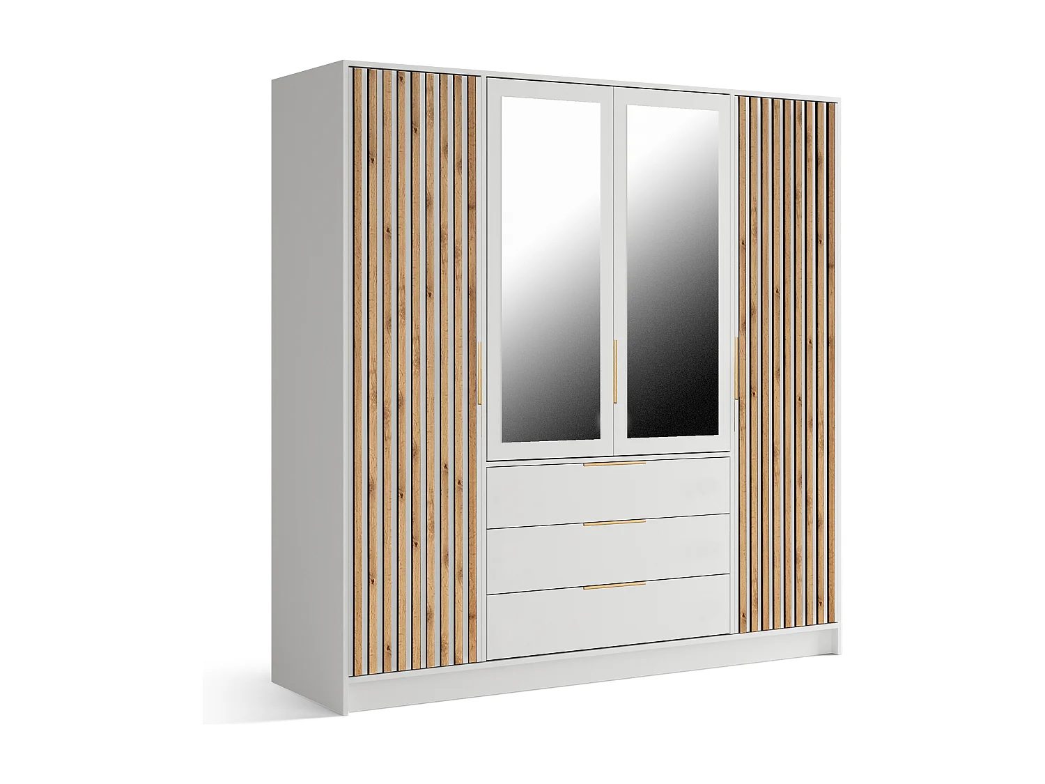 Garderobeskap med 4 dører og 3 skuffer – Med speil - B196 cm – Farge: Natur og Hvit - LIRMADA