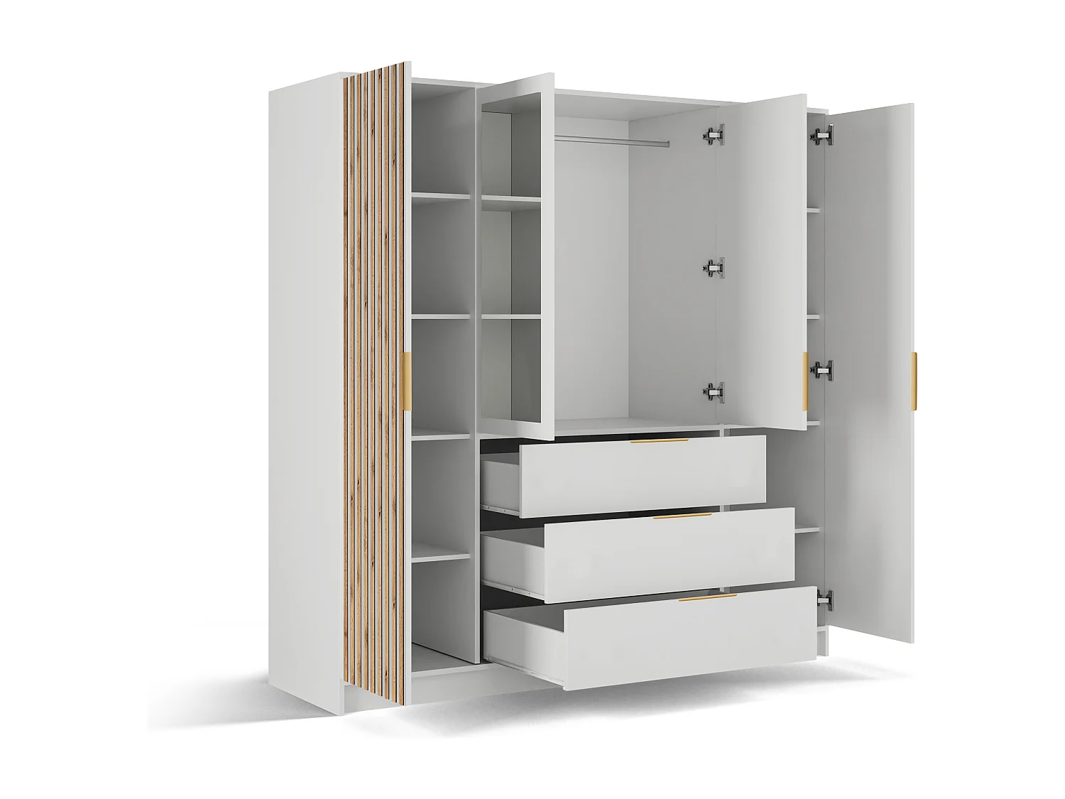 Garderobeskap med 4 dører og 3 skuffer – Med speil - B196 cm – Farge: Natur og Hvit - LIRMADA