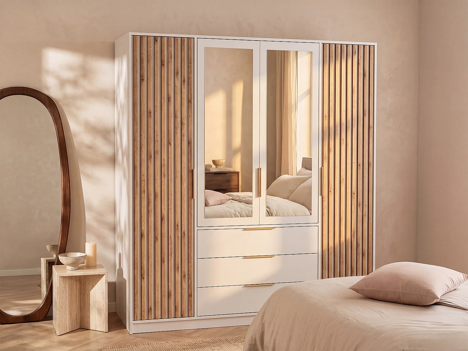 4-Door, 3-Drawer Wardrobe with Mirror – L77 in – Colour: Natural and White - LIRMADA