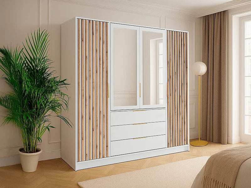 Armadio 4 ante e 3 cassetti – Con specchio - L196 cm Naturale e Bianco - LIRMADA