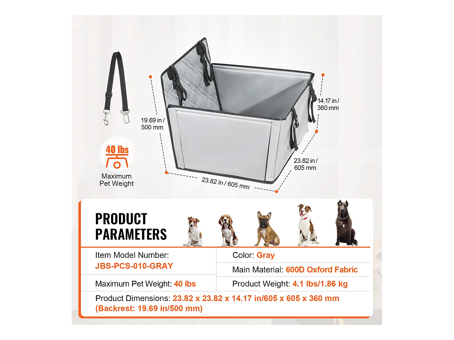 Siège Auto pour Chien SucceBuy, Taille S/M/L (Jusqu'à 18 kg), Couleur Grise