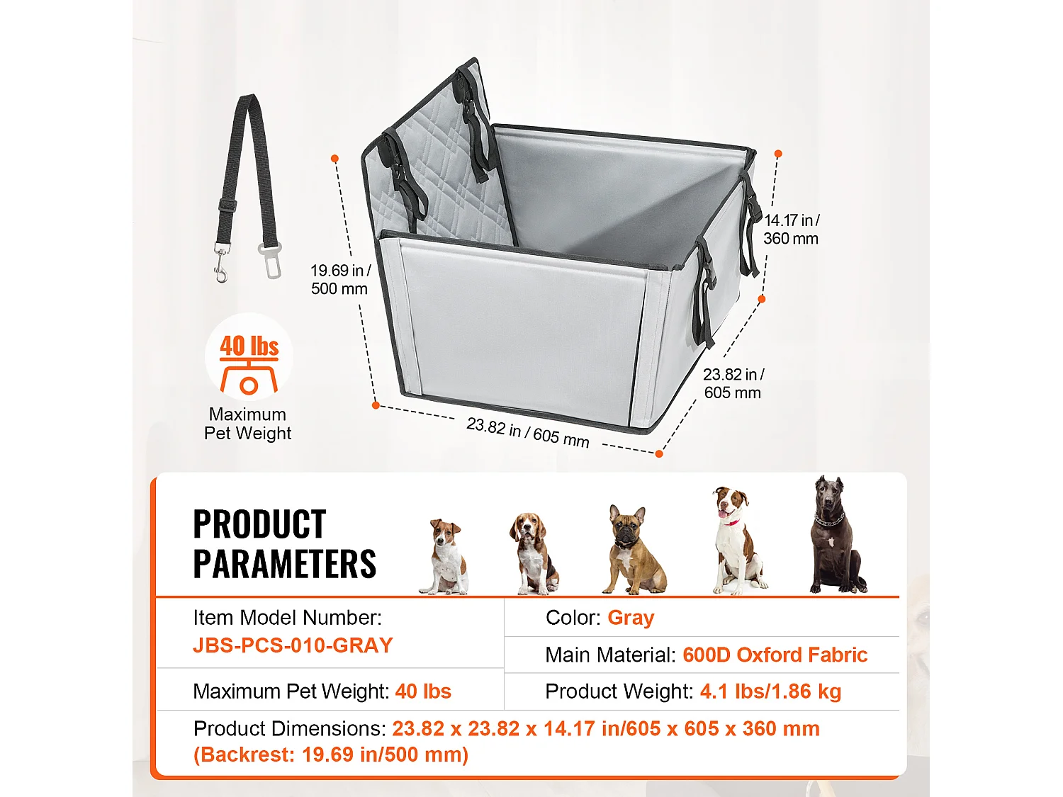 Siège Auto pour Chien SucceBuy, Taille S/M/L (Jusqu'à 18 kg), Couleur Grise