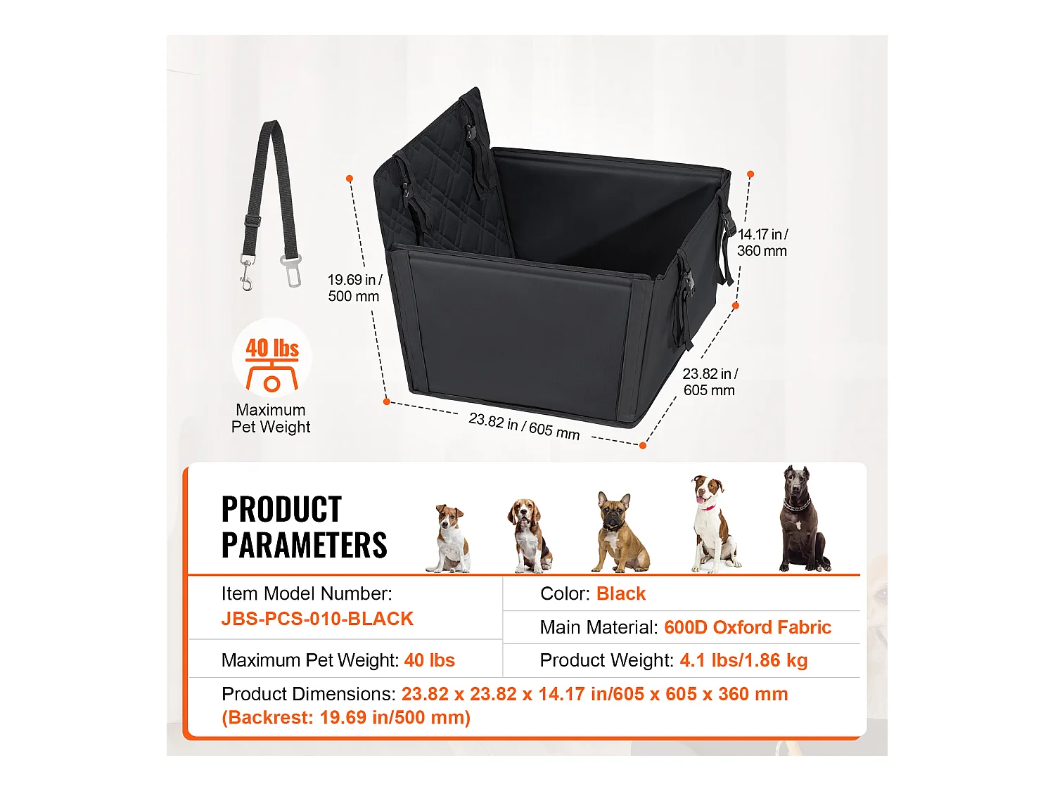 Siège Auto Rehausseur pour Chien SucceBuy, Taille S/M/L (Jusqu'à 18 kg), Couleur Noire