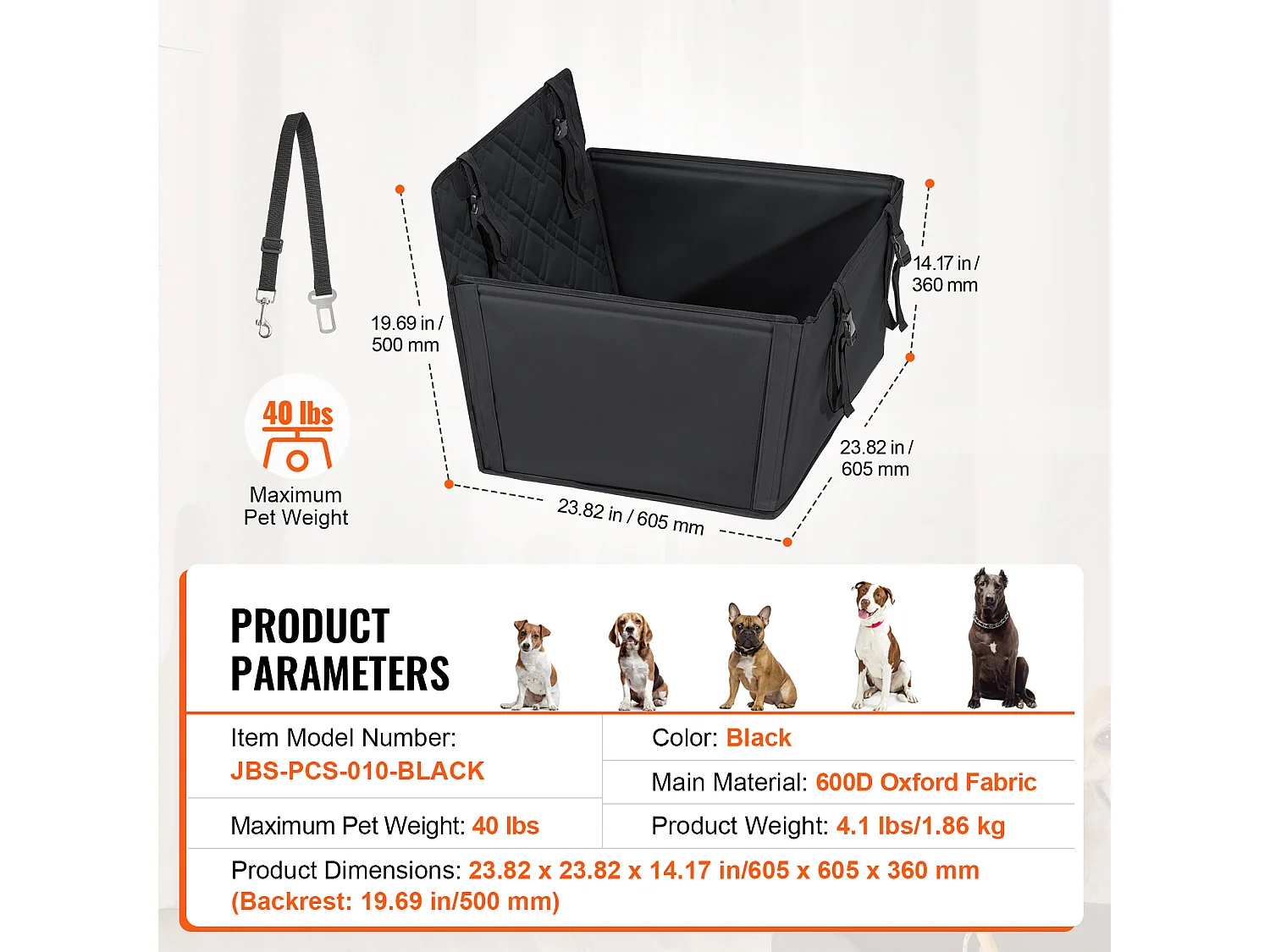 Siège Auto Rehausseur pour Chien SucceBuy, Taille S/M/L (Jusqu'à 18 kg), Couleur Noire