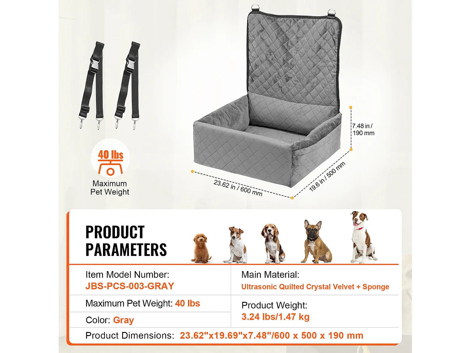 Siège Auto pour Chien SucceBuy, Taille Petite/Moyenne (Jusqu'à 18 kg), Couleur Grise