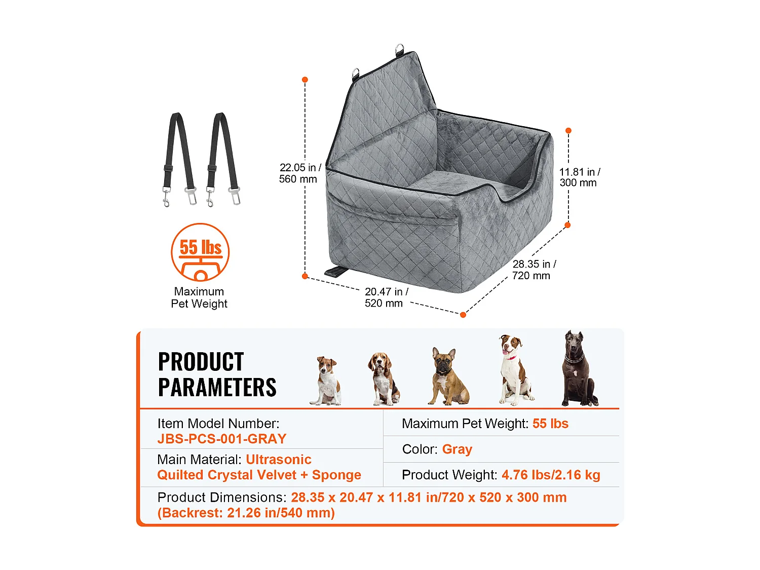 Cadeira Auto para Cães SucceBuy, Tamanho Médio/Grande (Até 25 kg), Cor Cinzenta