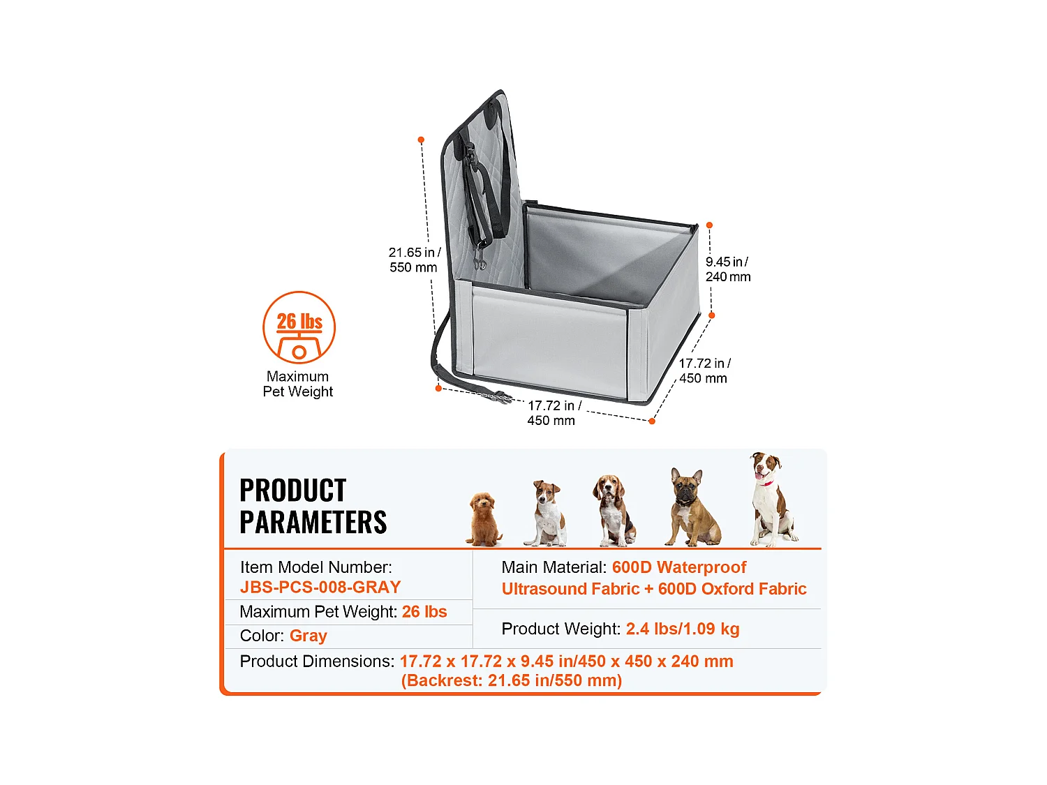 Siège Auto Rehausseur pour Chien SucceBuy, pour Chien Petit (Jusqu'à 11 kg), Couleur Grise