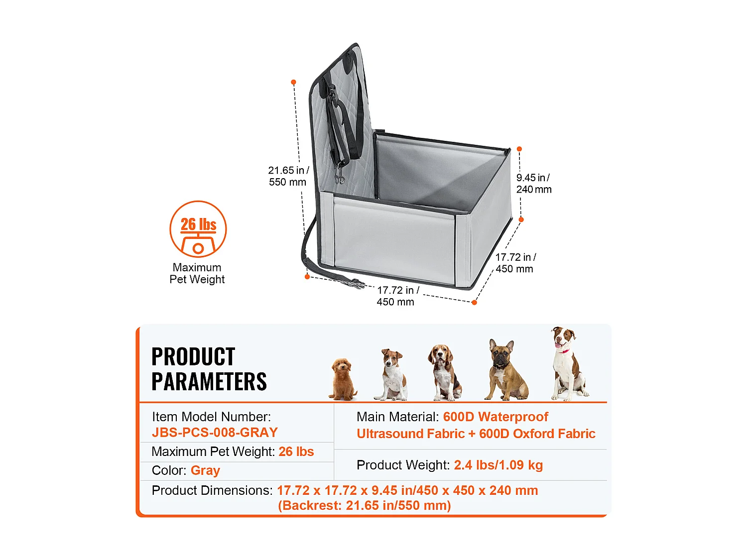 Siège Auto Rehausseur pour Chien SucceBuy, pour Chien Petit (Jusqu'à 11 kg), Couleur Grise