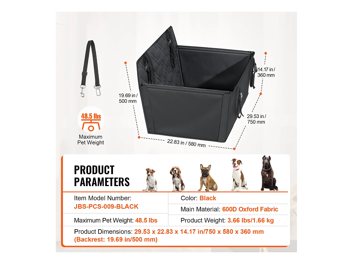 Siège Auto Rehausseur pour Chien SucceBuy, Taille S/M/L (Jusqu'à 22 kg), Couleur Noire