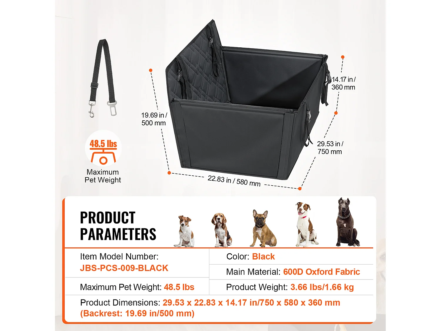 Siège Auto Rehausseur pour Chien SucceBuy, Taille S/M/L (Jusqu'à 22 kg), Couleur Noire