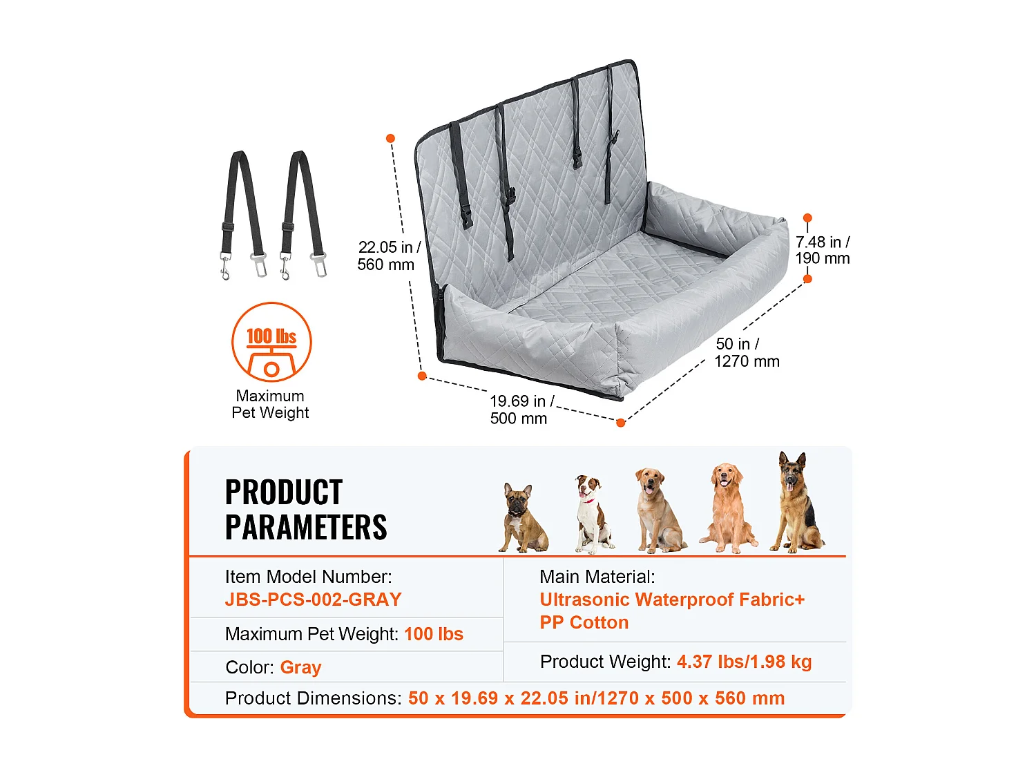 Siège Auto pour Chien SucceBuy, Taille Moyenne/Grande (Jusqu'à 45 kg), Couleur Grise