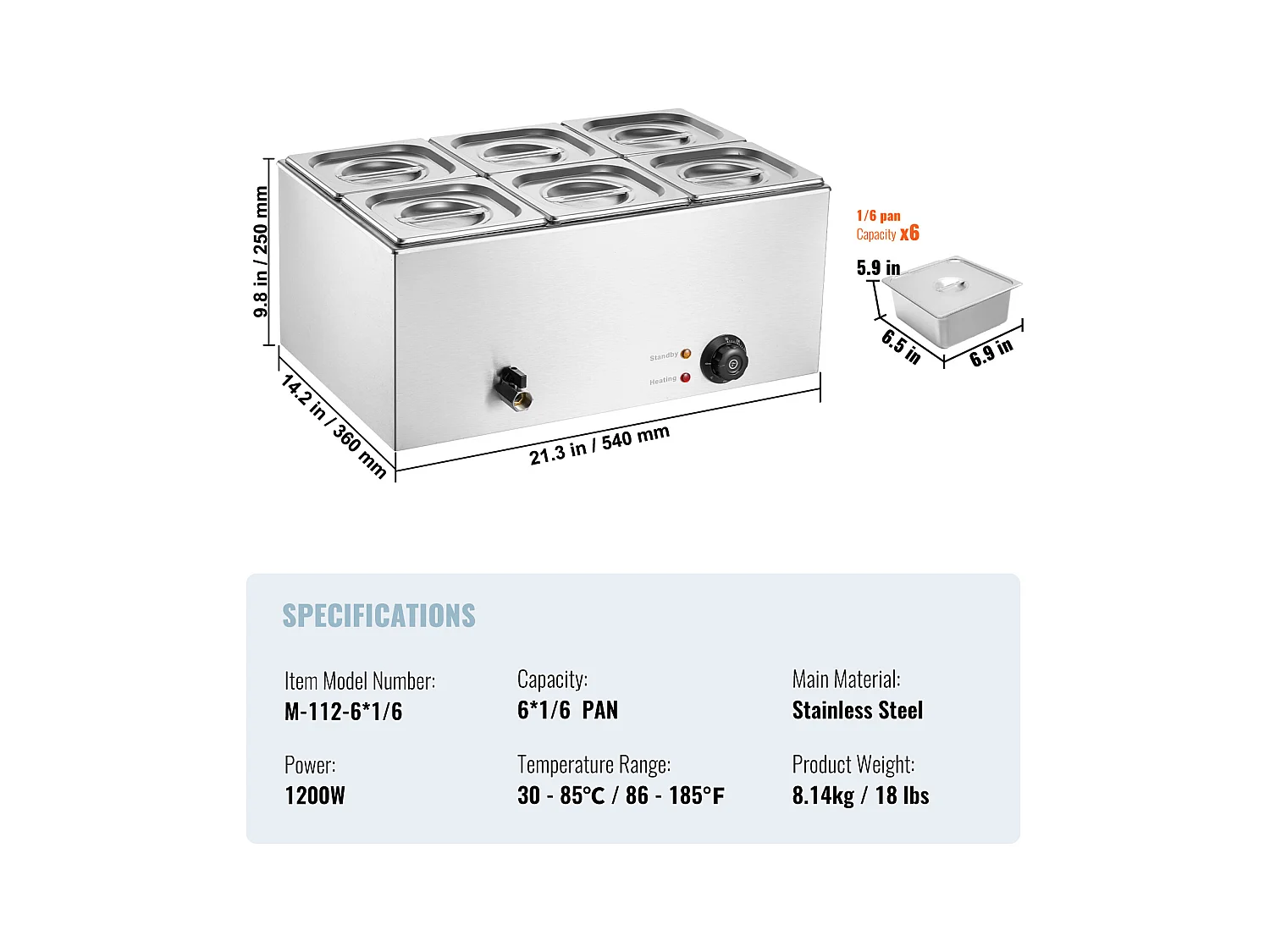 Buffetwarmer SucceBuy 13,5 L Commerciële Voedselverwarmer met 6 Schalen, Bain-Marie voor op het Aanrecht, 1200 W Roestvrijstalen Stoomtafel voor op het Aanrecht