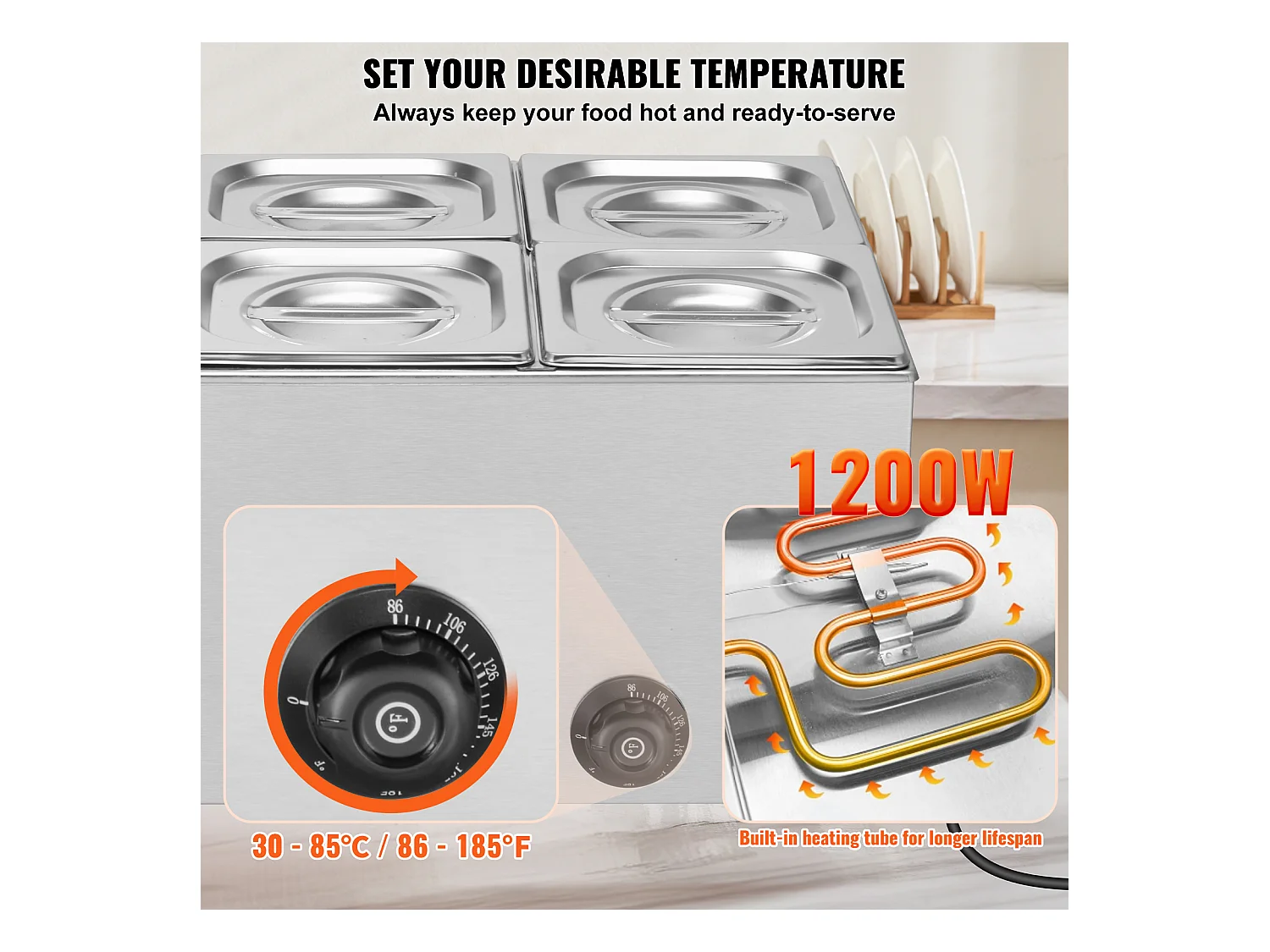 Buffetwarmer SucceBuy 13,5 L Commerciële Voedselverwarmer met 6 Schalen, Bain-Marie voor op het Aanrecht, 1200 W Roestvrijstalen Stoomtafel voor op het Aanrecht