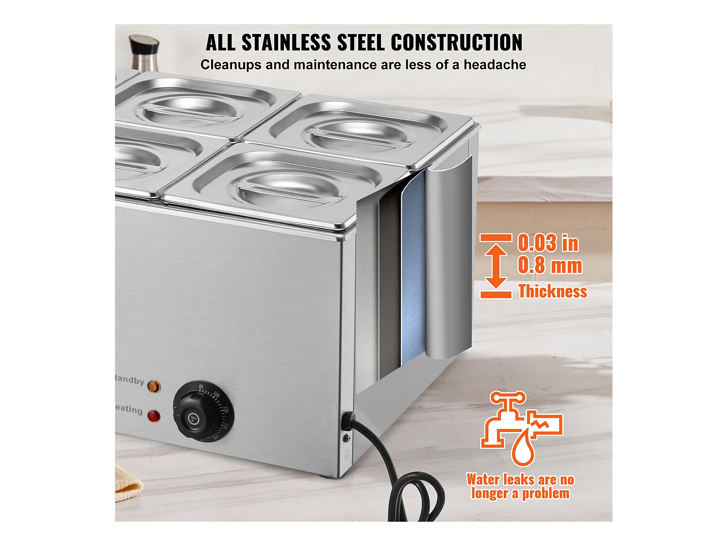 Buffetwarmer SucceBuy 13,5 L Commerciële Voedselverwarmer met 6 Schalen, Bain-Marie voor op het Aanrecht, 1200 W Roestvrijstalen Stoomtafel voor op het Aanrecht