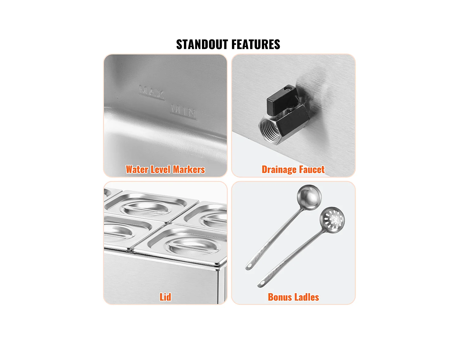 Buffetwarmer SucceBuy 13,5 L Commerciële Voedselverwarmer met 6 Schalen, Bain-Marie voor op het Aanrecht, 1200 W Roestvrijstalen Stoomtafel voor op het Aanrecht