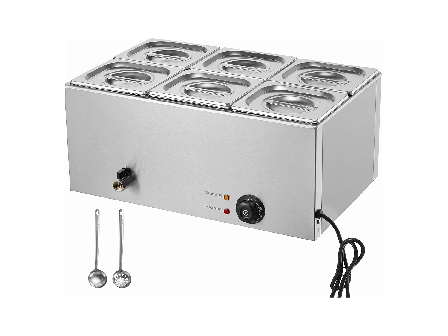 Chauffe-Plat Buffet SucceBuy Chauffe-Plats Commercial à 6 Casseroles, 13,5 L, Bain-Marie de Comptoir, Table à Vapeur en Acier Inoxydable de Comptoir de 1 200 W