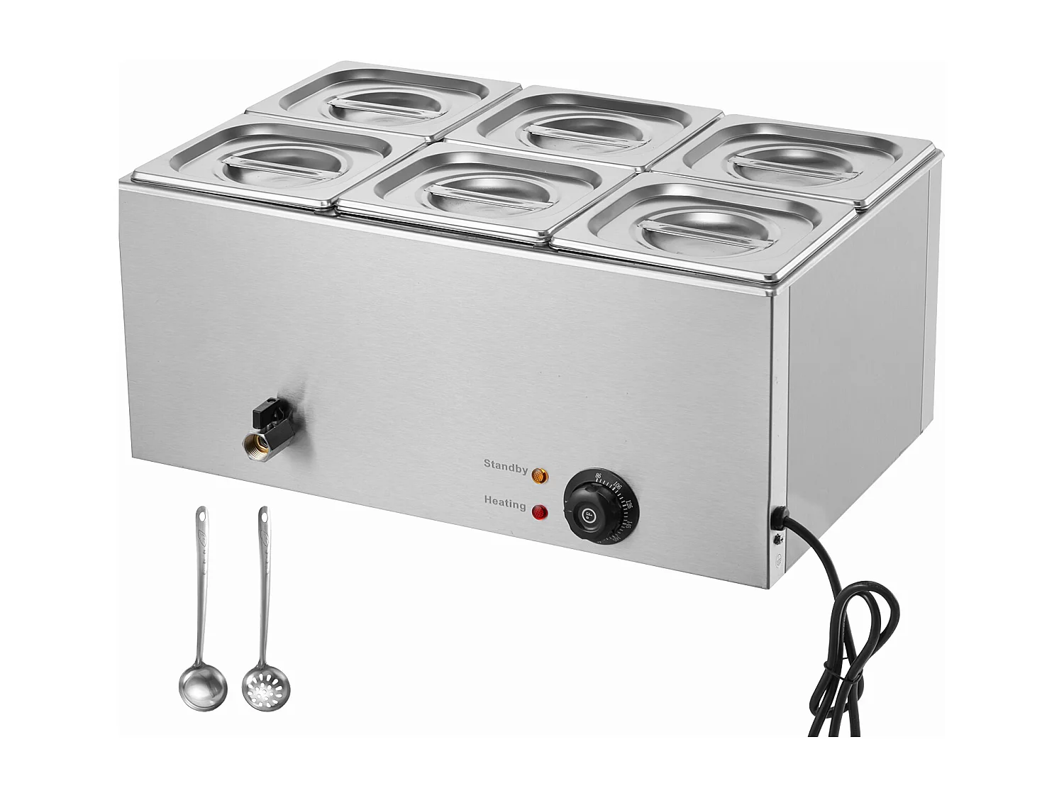 Chauffe-Plat Buffet SucceBuy Chauffe-Plats Commercial à 6 Casseroles, 13,5 L, Bain-Marie de Comptoir, Table à Vapeur en Acier Inoxydable de Comptoir de 1 200 W