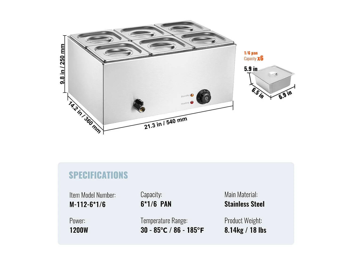 Chauffe-Plat Buffet SucceBuy Chauffe-Plats Commercial à 6 Casseroles, 13,5 L, Bain-Marie de Comptoir, Table à Vapeur en Acier Inoxydable de Comptoir de 1 200 W