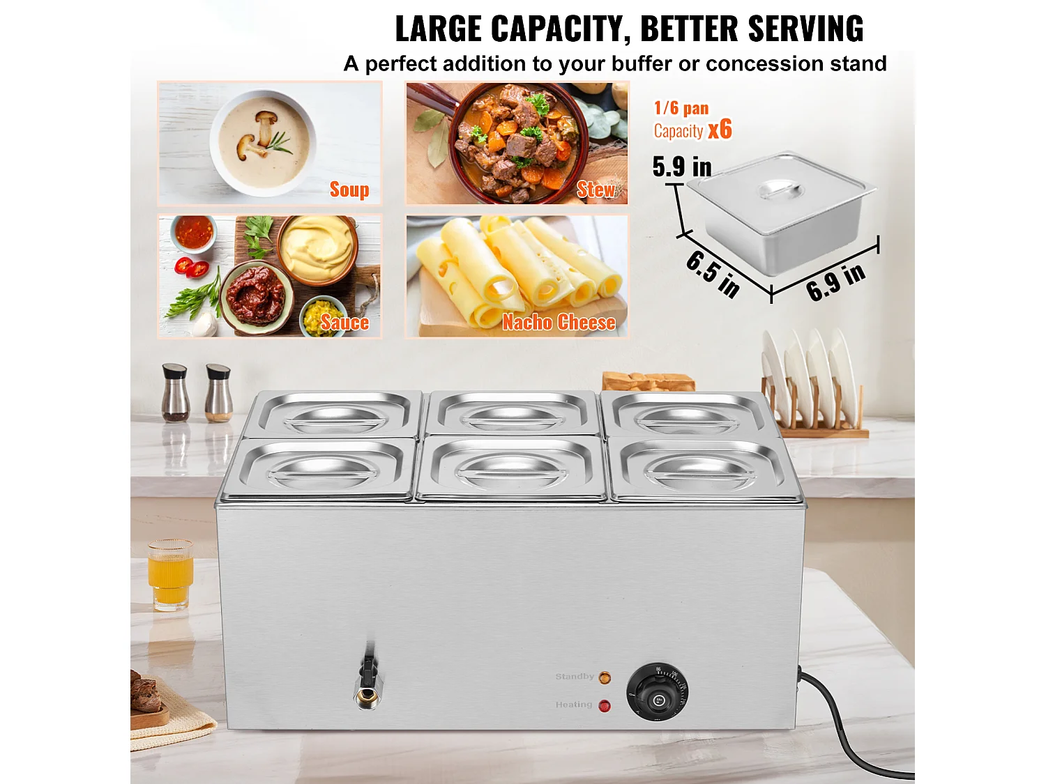 Chauffe-Plat Buffet SucceBuy Chauffe-Plats Commercial à 6 Casseroles, 13,5 L, Bain-Marie de Comptoir, Table à Vapeur en Acier Inoxydable de Comptoir de 1 200 W
