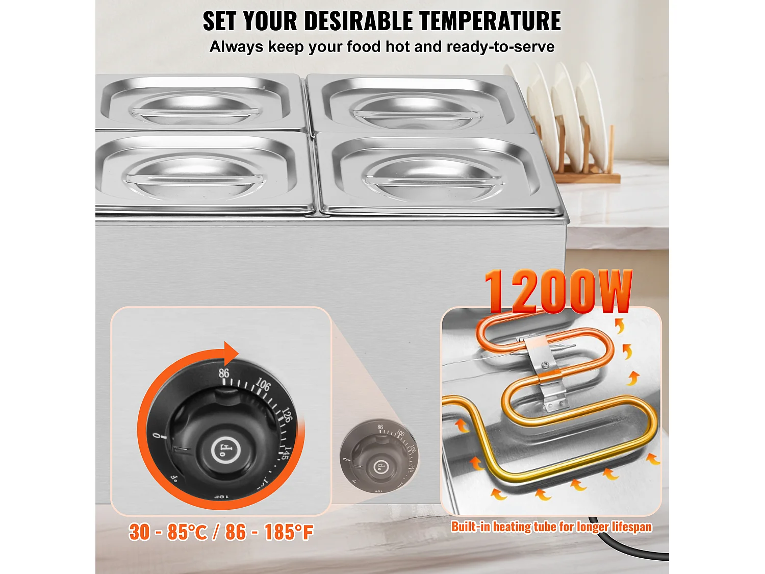 Chauffe-Plat Buffet SucceBuy Chauffe-Plats Commercial à 6 Casseroles, 13,5 L, Bain-Marie de Comptoir, Table à Vapeur en Acier Inoxydable de Comptoir de 1 200 W