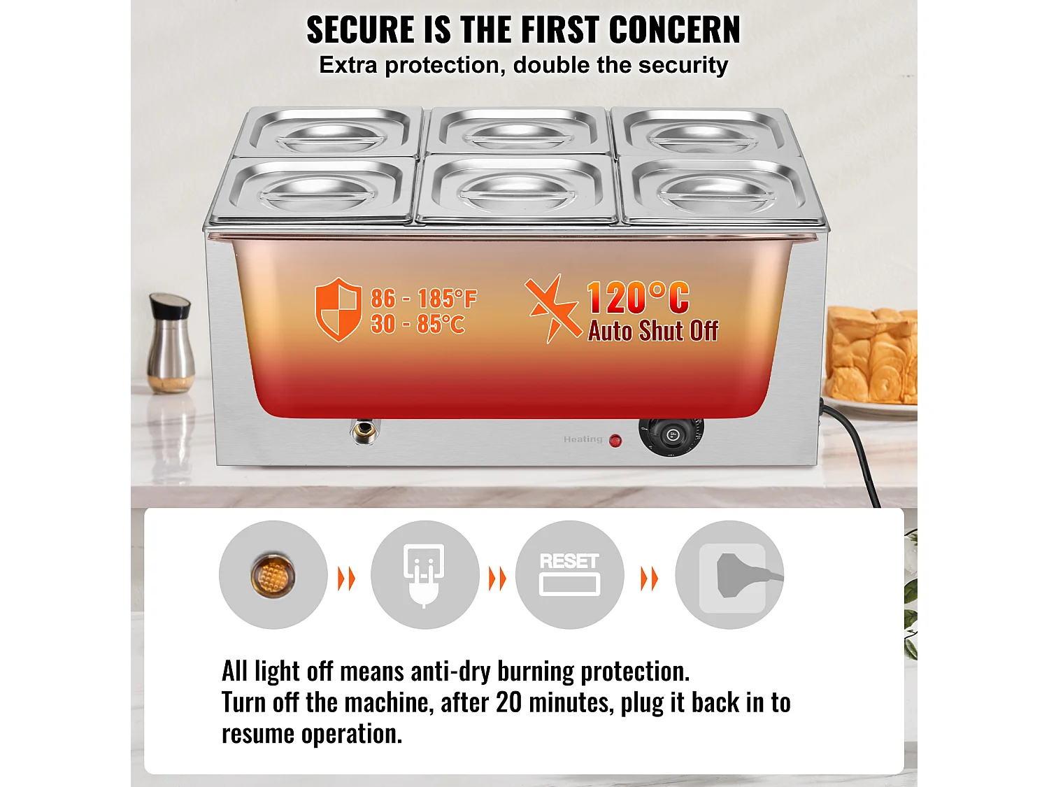 Chauffe-Plat Buffet SucceBuy Chauffe-Plats Commercial à 6 Casseroles, 13,5 L, Bain-Marie de Comptoir, Table à Vapeur en Acier Inoxydable de Comptoir de 1 200 W