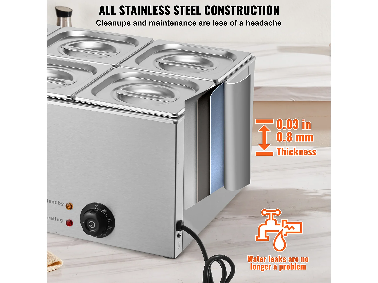 Chauffe-Plat Buffet SucceBuy Chauffe-Plats Commercial à 6 Casseroles, 13,5 L, Bain-Marie de Comptoir, Table à Vapeur en Acier Inoxydable de Comptoir de 1 200 W