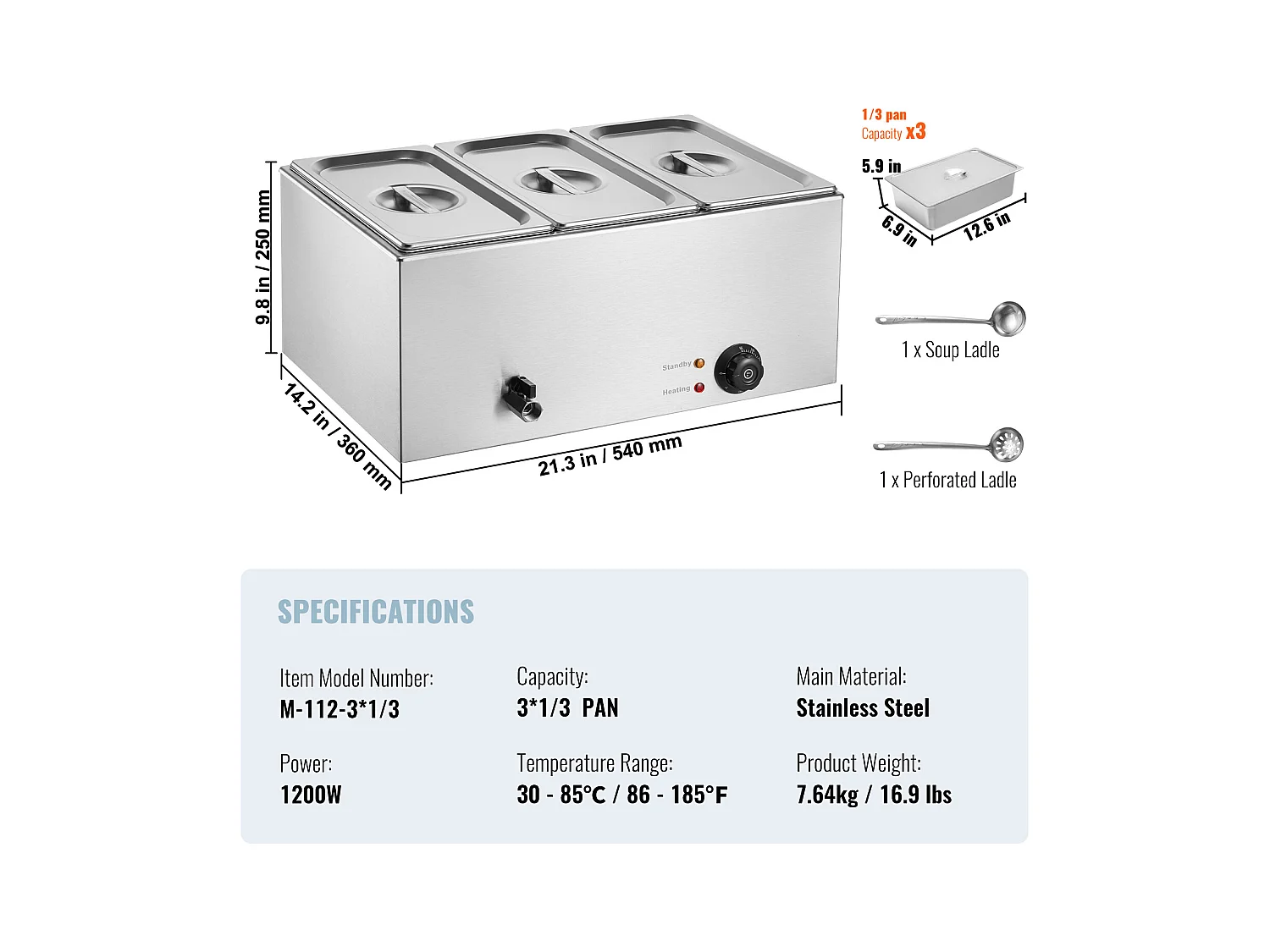 Buffetwarmer SucceBuy 1200 W 16,5 L Commerciële Voedselverwarmer met 3 Schalen, 540 x 360 x 250 mm, Roestvrij Staal, Instelbare Temperatuur, 7,5 kg