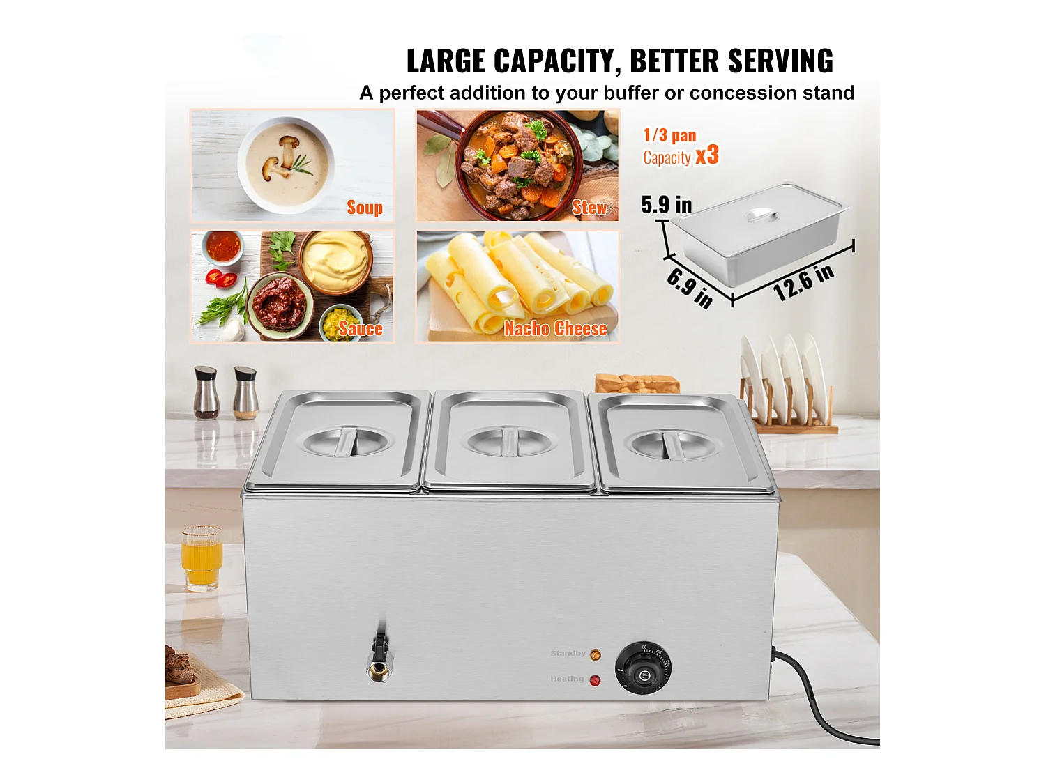 Buffetwarmer SucceBuy 1200 W 16,5 L Commerciële Voedselverwarmer met 3 Schalen, 540 x 360 x 250 mm, Roestvrij Staal, Instelbare Temperatuur, 7,5 kg