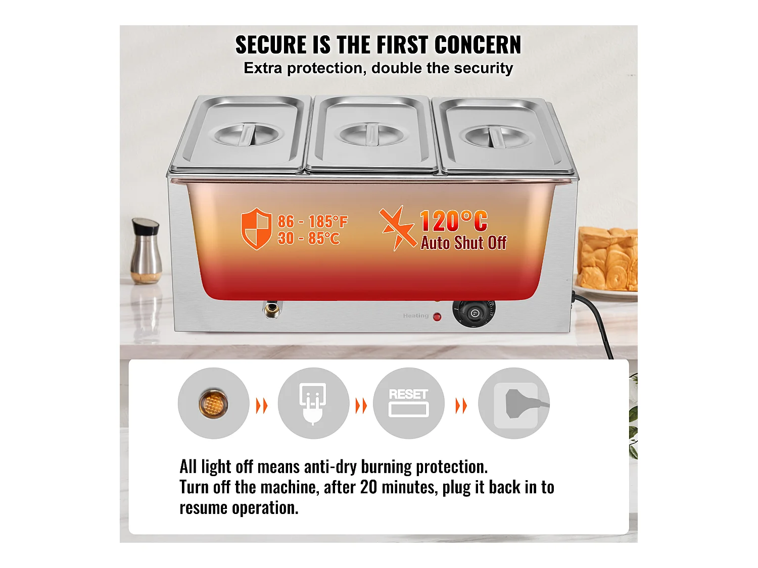 Buffetwarmer SucceBuy 1200 W 16,5 L Commerciële Voedselverwarmer met 3 Schalen, 540 x 360 x 250 mm, Roestvrij Staal, Instelbare Temperatuur, 7,5 kg