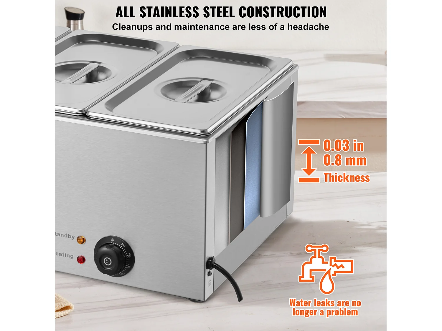 Buffetwarmer SucceBuy 1200 W 16,5 L Commerciële Voedselverwarmer met 3 Schalen, 540 x 360 x 250 mm, Roestvrij Staal, Instelbare Temperatuur, 7,5 kg