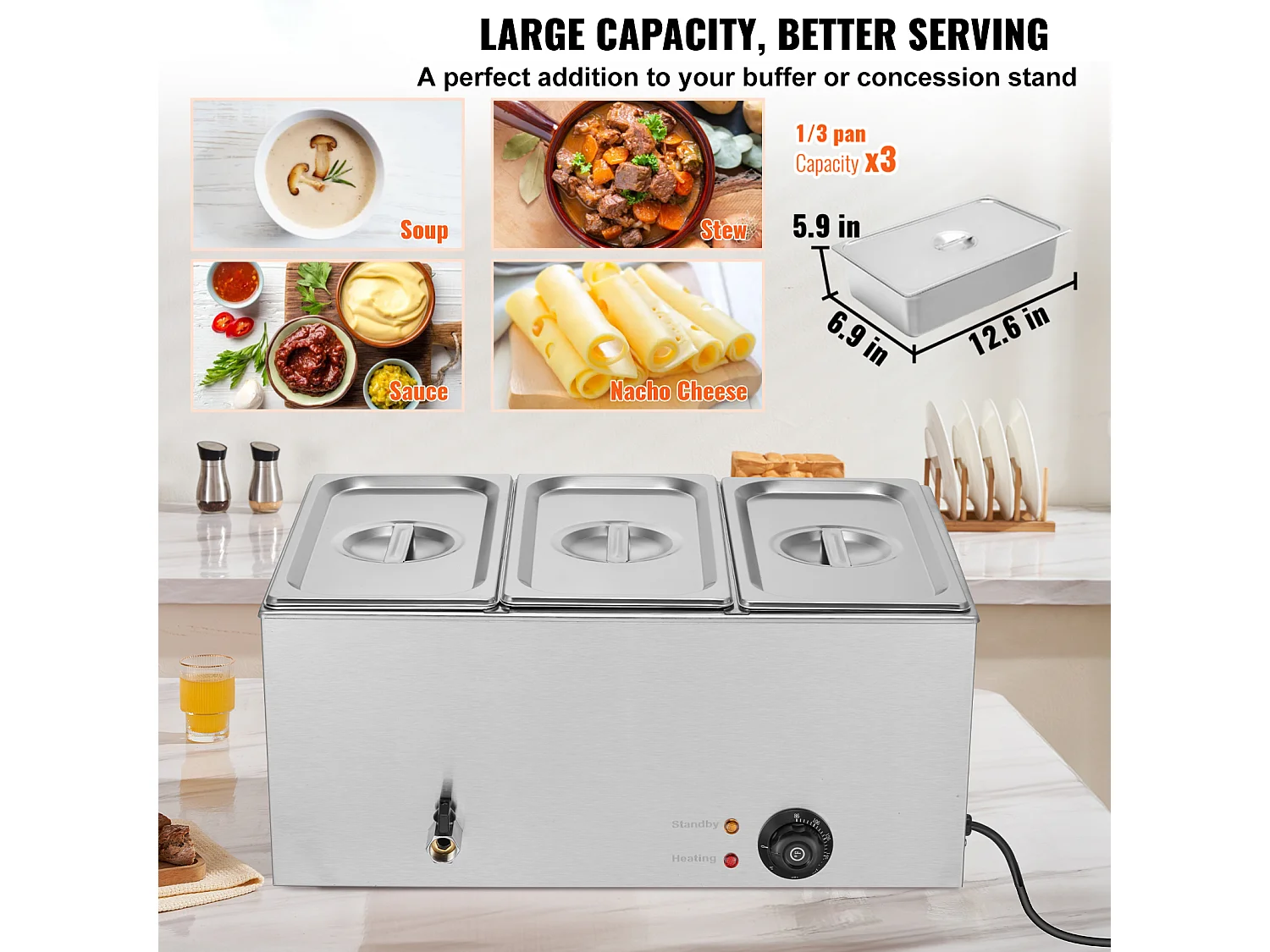 Scaldavivande a Buffet SucceBuy Scaldavivande Professionale a 3 Vassoi, 1200 W, 16,5 L, 540 x 360 x 250 mm, Acciaio Inox, Temperatura Regolabile, 7,5 kg