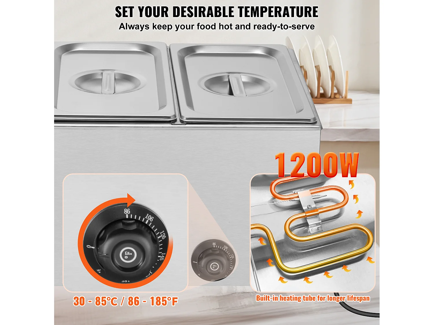 Scaldavivande a Buffet SucceBuy Scaldavivande Professionale a 3 Vassoi, 1200 W, 16,5 L, 540 x 360 x 250 mm, Acciaio Inox, Temperatura Regolabile, 7,5 kg