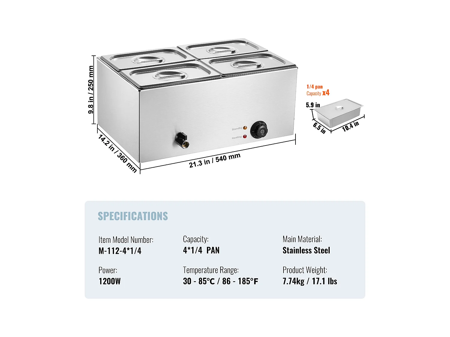 Buffetwarmer SucceBuy Aanrecht Voedselverwarmer met 4 Platen, 15 L Elektrische Bain-Marie voor Restaurants