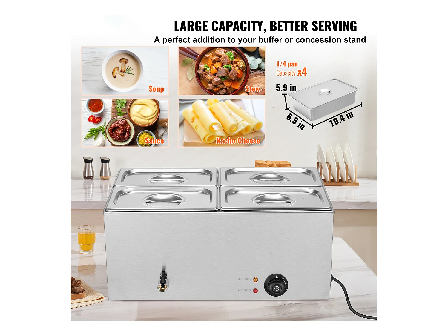 Buffetwarmer SucceBuy Aanrecht Voedselverwarmer met 4 Platen, 15 L Elektrische Bain-Marie voor Restaurants