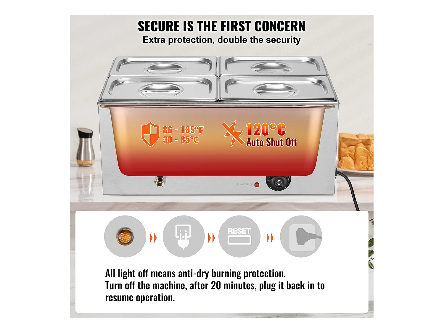 Buffetwarmer SucceBuy Aanrecht Voedselverwarmer met 4 Platen, 15 L Elektrische Bain-Marie voor Restaurants