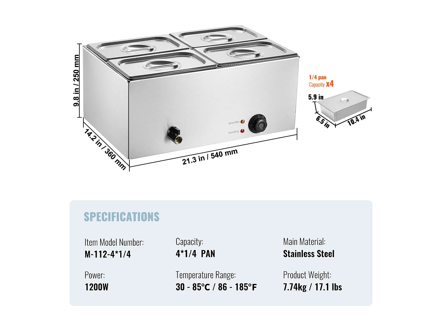 Chauffe-Plat Buffet SucceBuy Chauffe-Plats de Comptoir à 4 Plaques, Bain-Marie Électrique de 15 L pour Restaurants