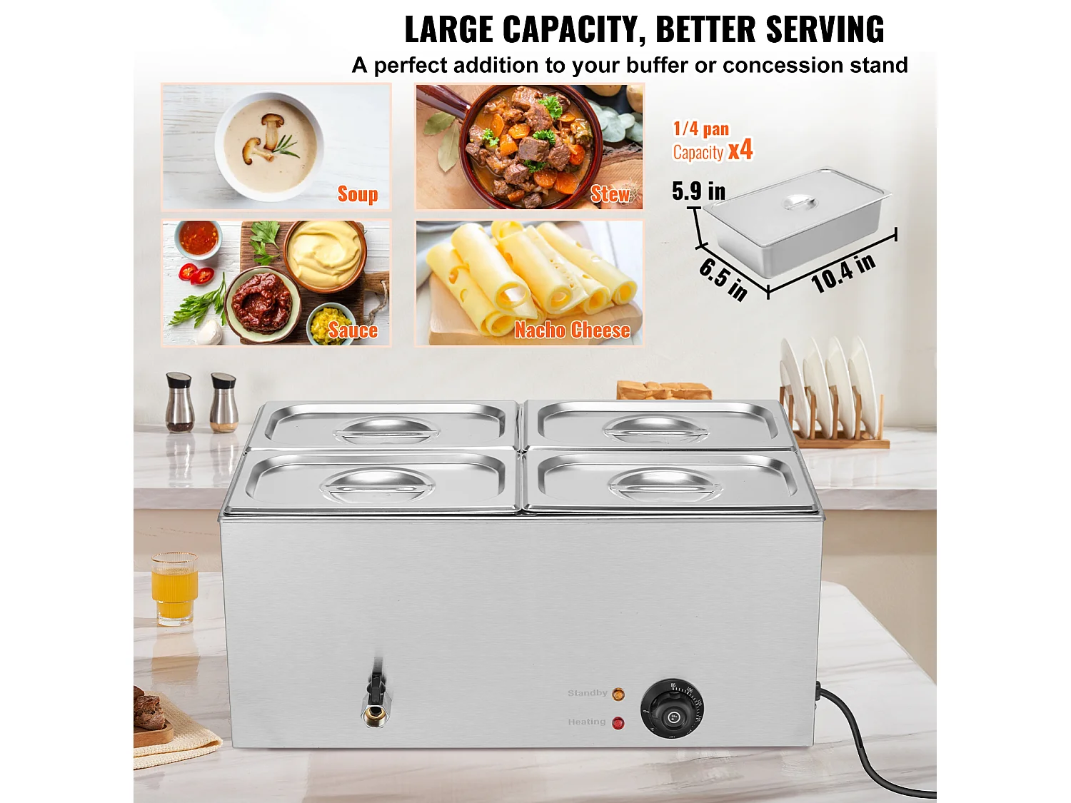 Chauffe-Plat Buffet SucceBuy Chauffe-Plats de Comptoir à 4 Plaques, Bain-Marie Électrique de 15 L pour Restaurants