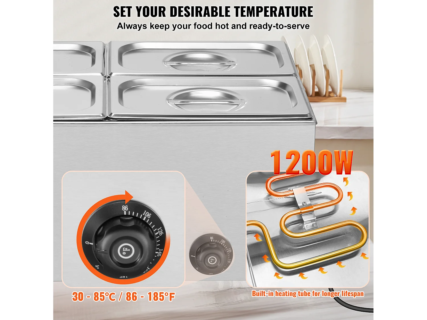 Chauffe-Plat Buffet SucceBuy Chauffe-Plats de Comptoir à 4 Plaques, Bain-Marie Électrique de 15 L pour Restaurants