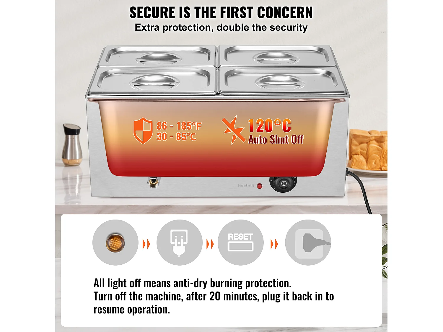 Chauffe-Plat Buffet SucceBuy Chauffe-Plats de Comptoir à 4 Plaques, Bain-Marie Électrique de 15 L pour Restaurants