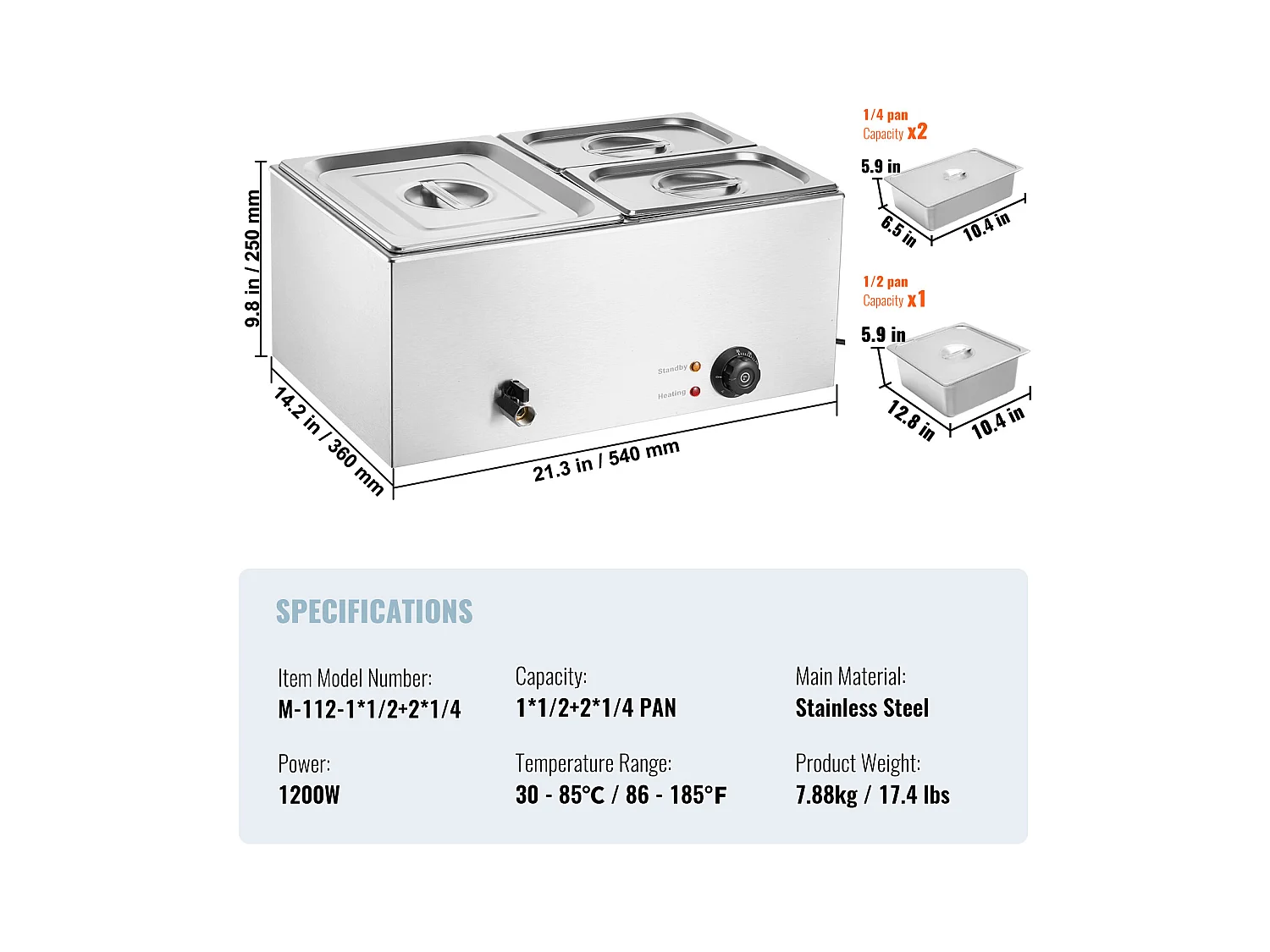 Buffetwarmer SucceBuy 1200 W Commerciële Voedselverwarmer met 3 Schalen, 540 x 360 x 250 mm, Roestvrij Staal, Instelbare Temperatuur, 8 kg