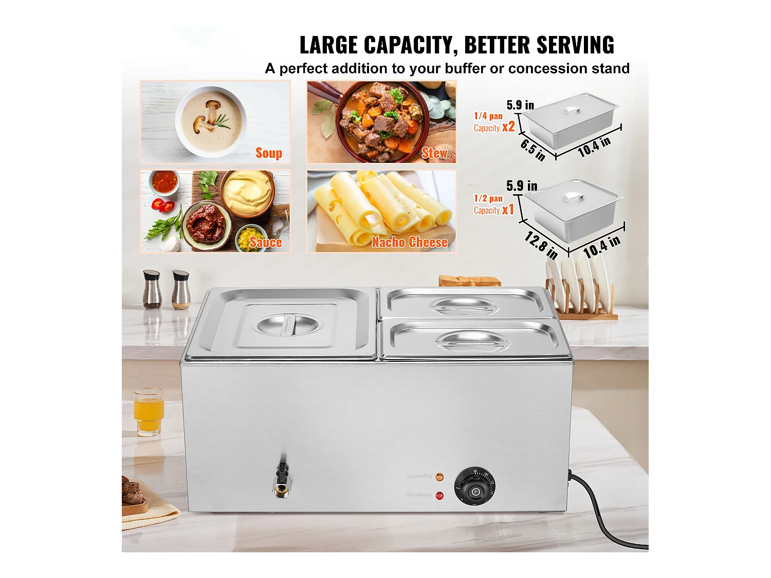 Buffetwarmer SucceBuy 1200 W Commerciële Voedselverwarmer met 3 Schalen, 540 x 360 x 250 mm, Roestvrij Staal, Instelbare Temperatuur, 8 kg